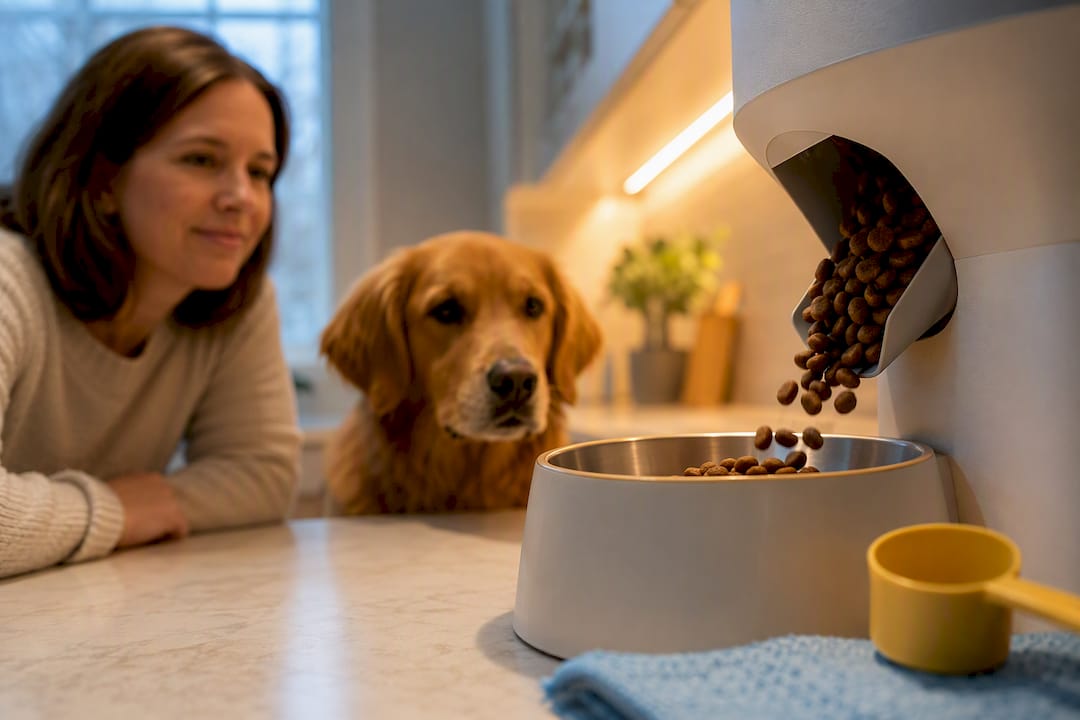 Dog waiting beside automated feeder