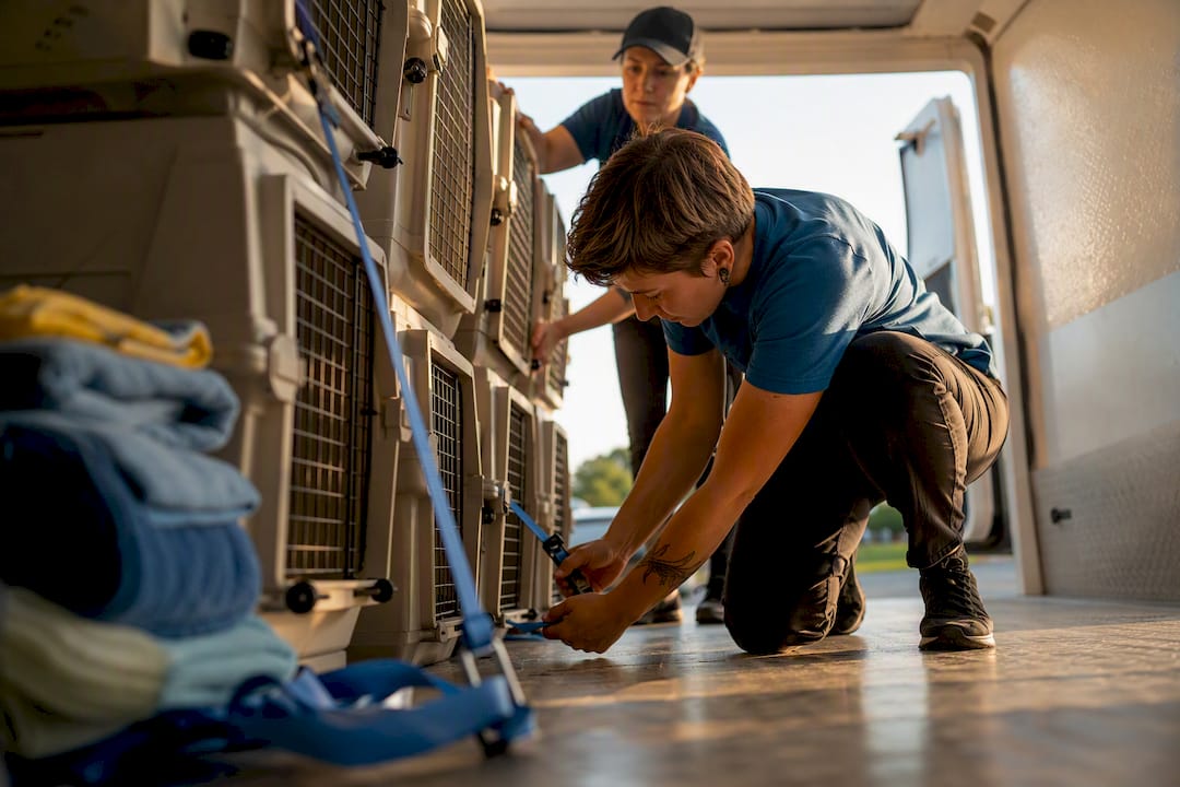 Rescue volunteers securing crates for transport