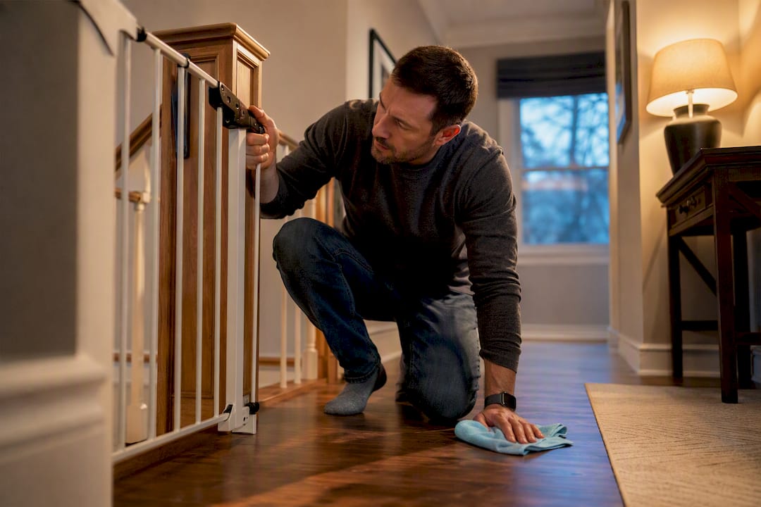 Homeowner checking stair gate during pet safety sweep