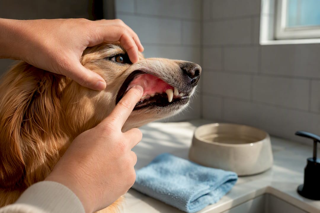 Owner checking a dog's gum color