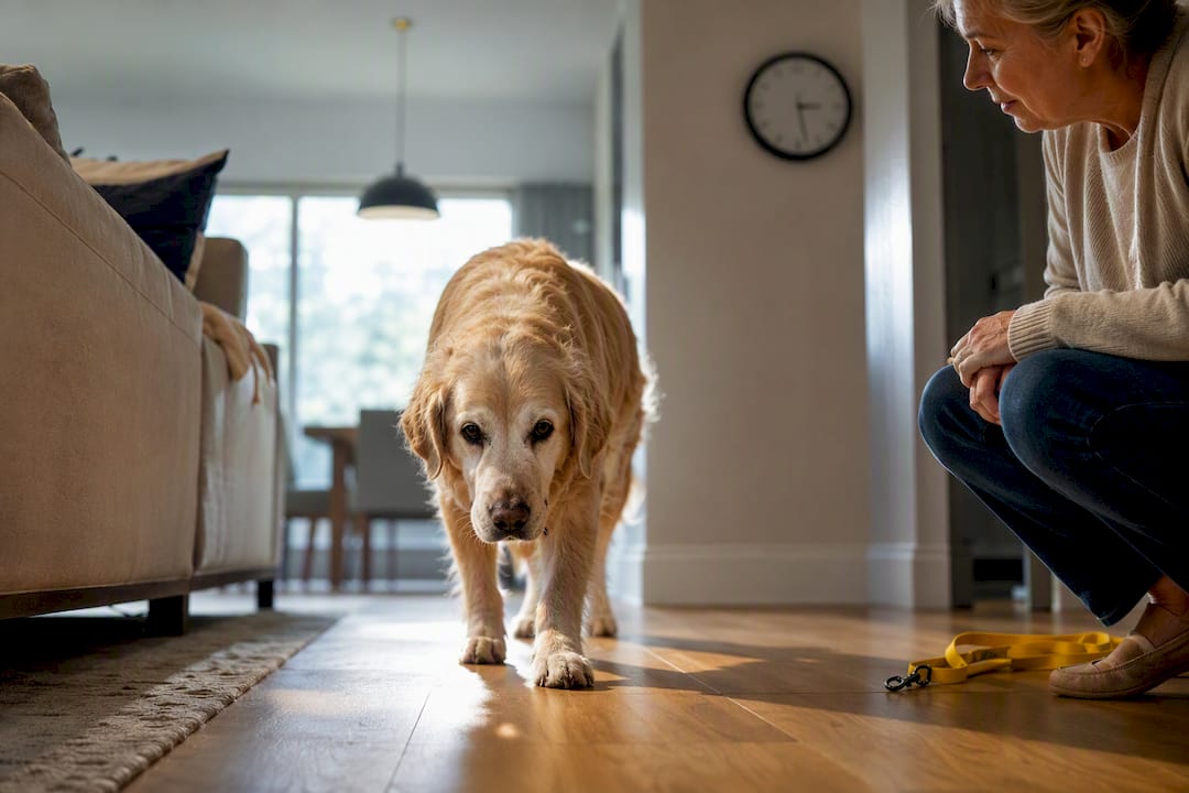 Senior dog walking through safer home