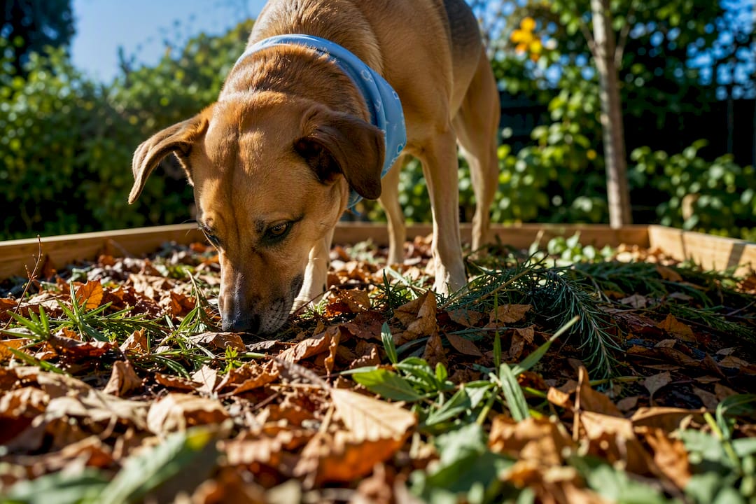 Dog exploring a scent trail outdoors