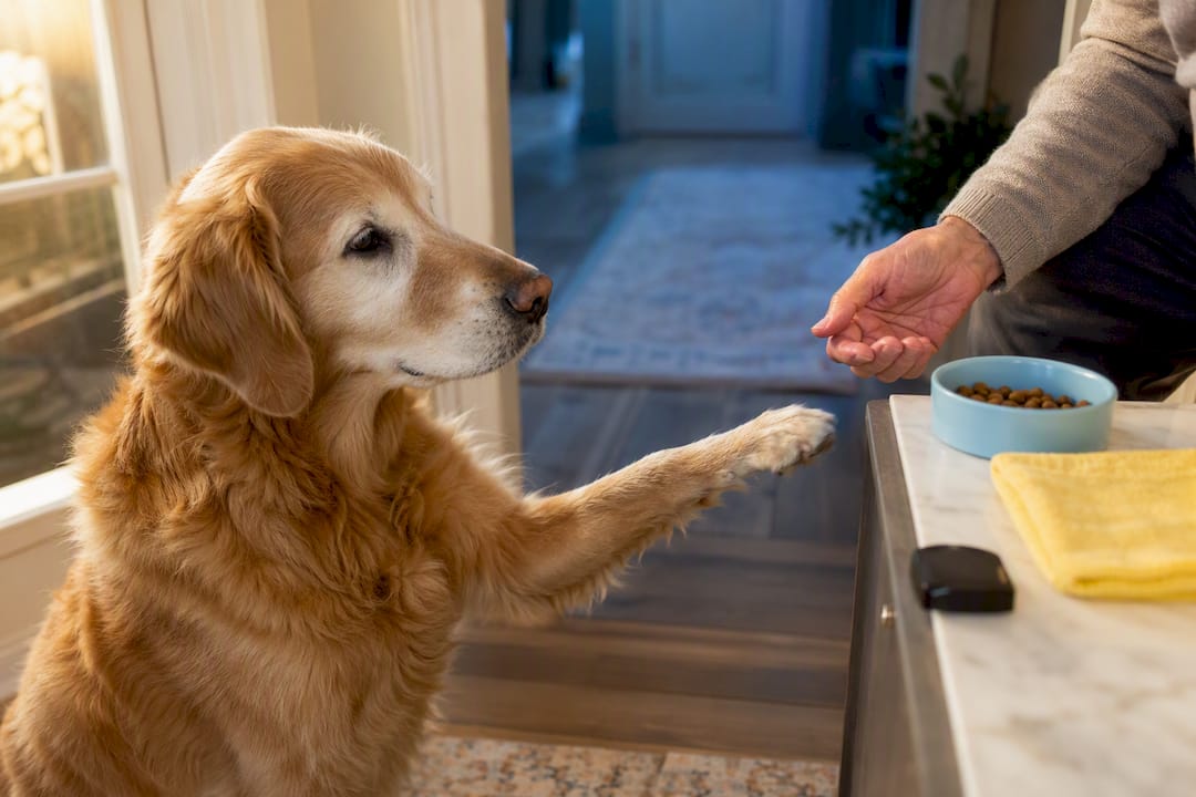 Senior dog practicing alert button press