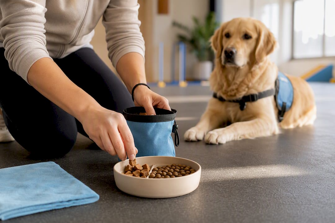 Handler portioning treats before dog training