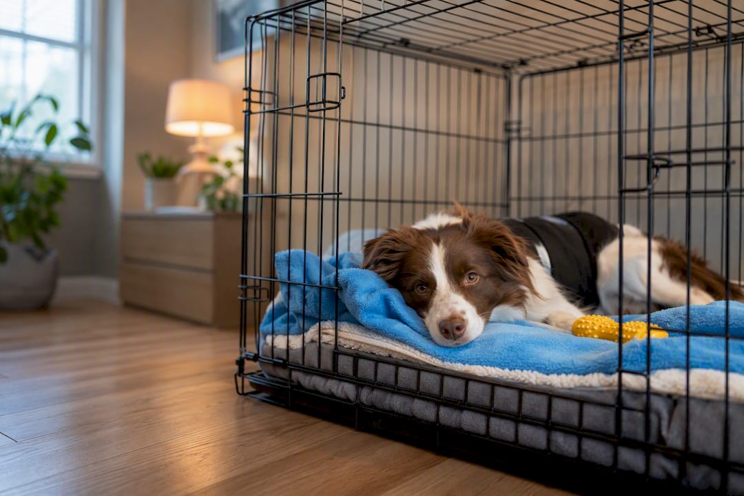 Dog resting comfortably in recovery crate