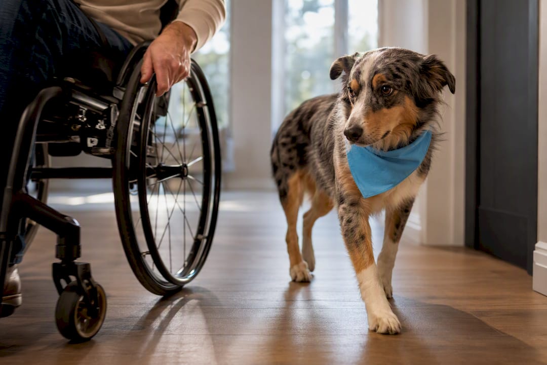 Dog learning to clear a wheelchair wheel