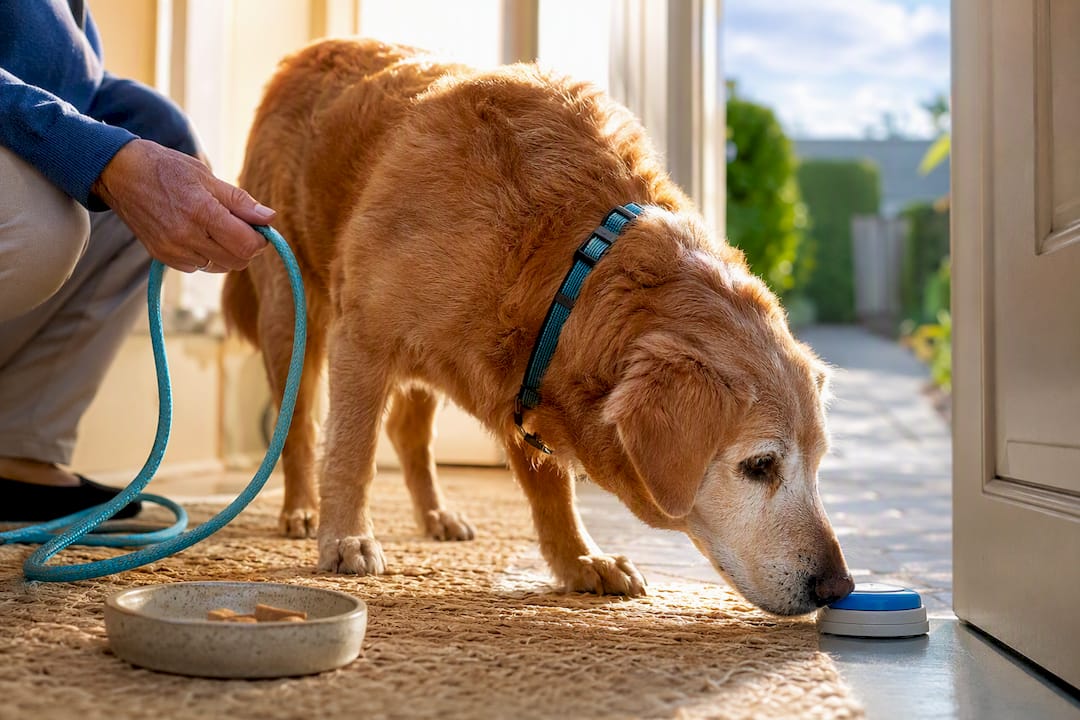 Senior dog learning to press outdoor alert button