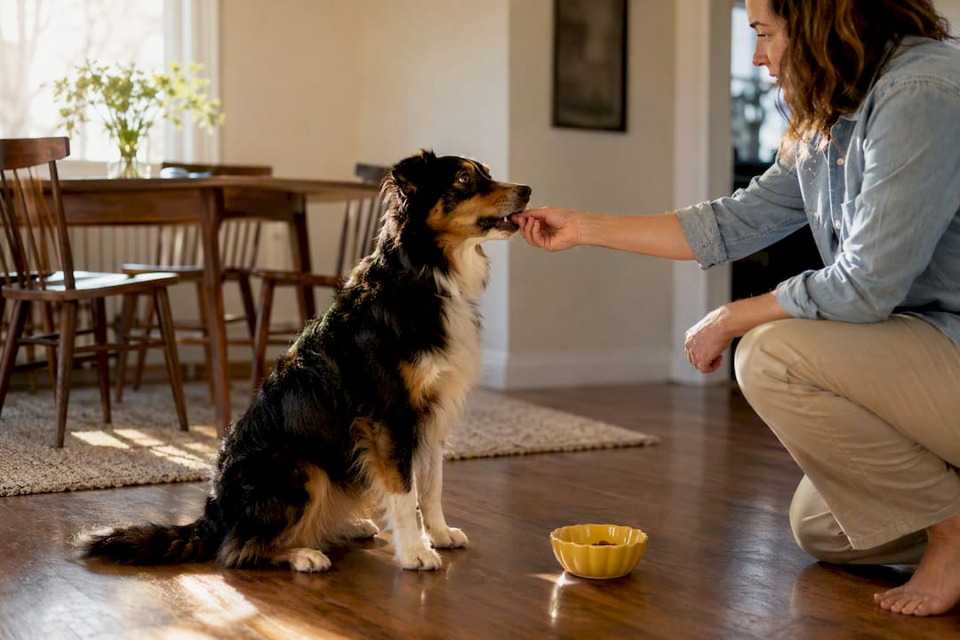 Owner rewarding dog during short training session
