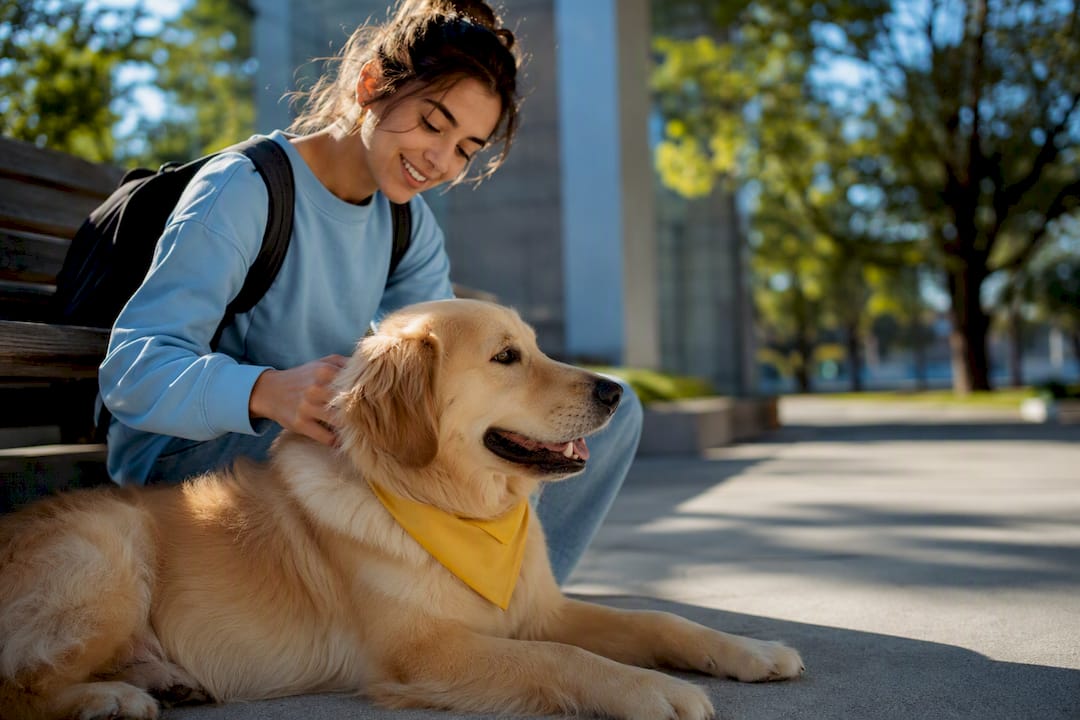 Student playing with a calm dog outdoors