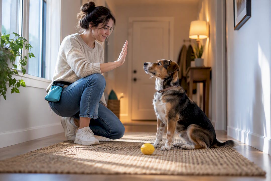 Owner practicing a short session with rescue dog