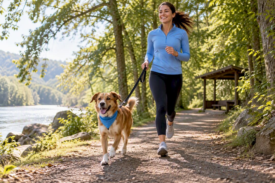 Owner jogging safely with dog on trail