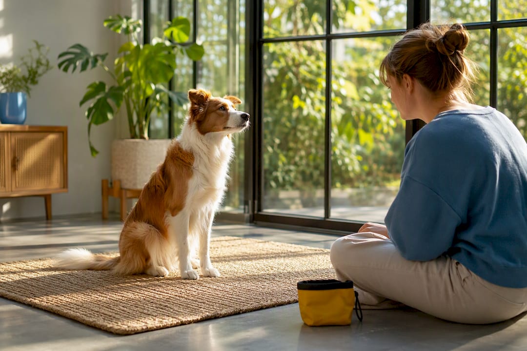 Owner patiently observing dog during training