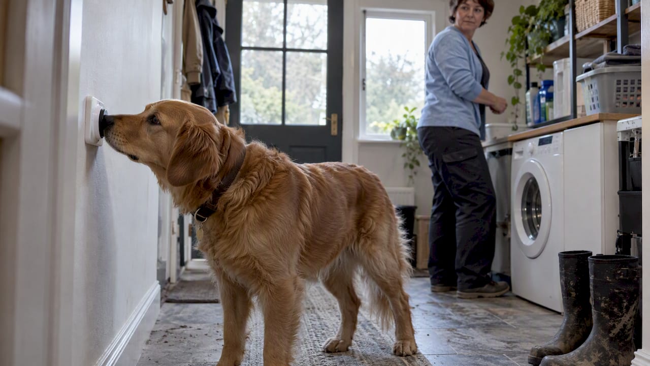 Assistance dog pressing communication button