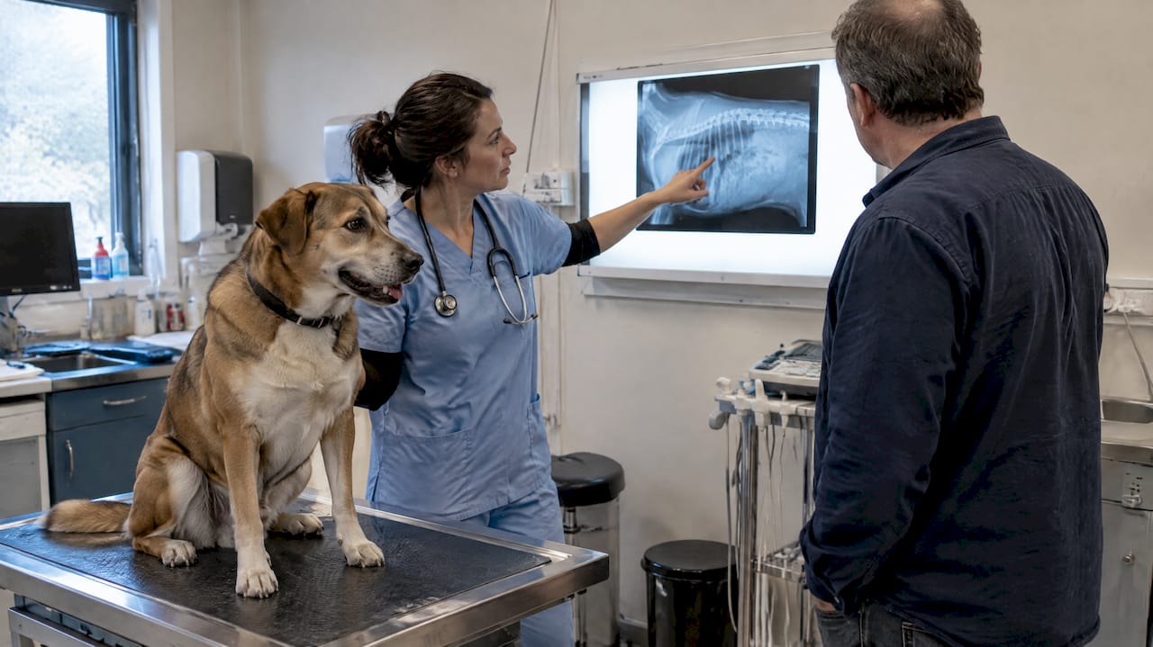 Veterinarian and owner reviewing pet radiograph