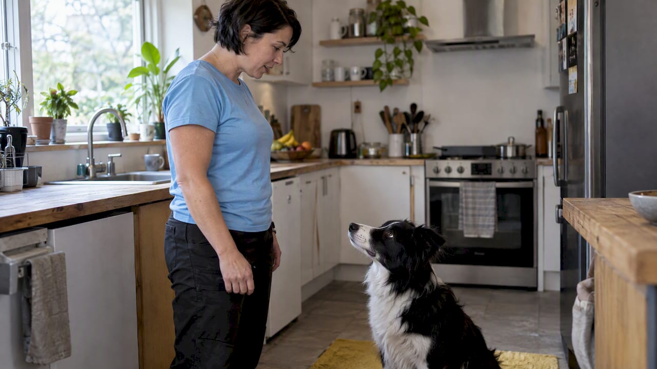 Handler speaking to attentive service dog