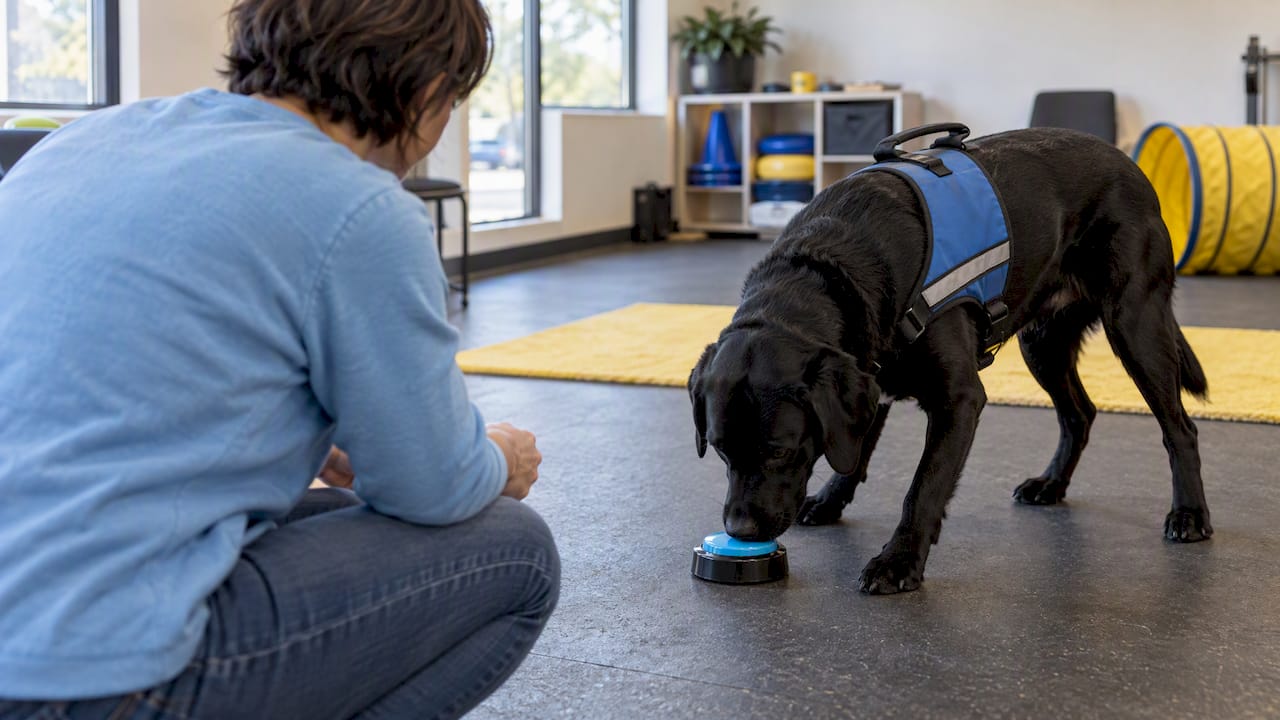 Service dog pressing a digital alert button