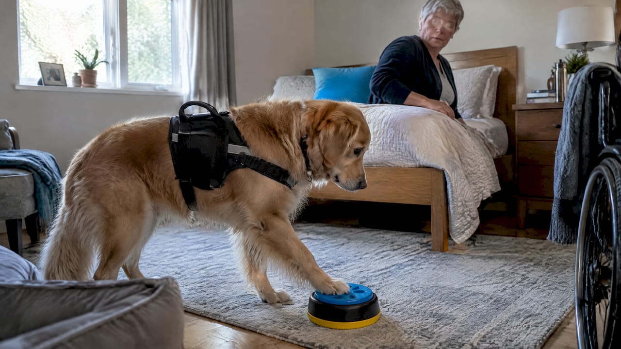 Service dog pressing an alert button