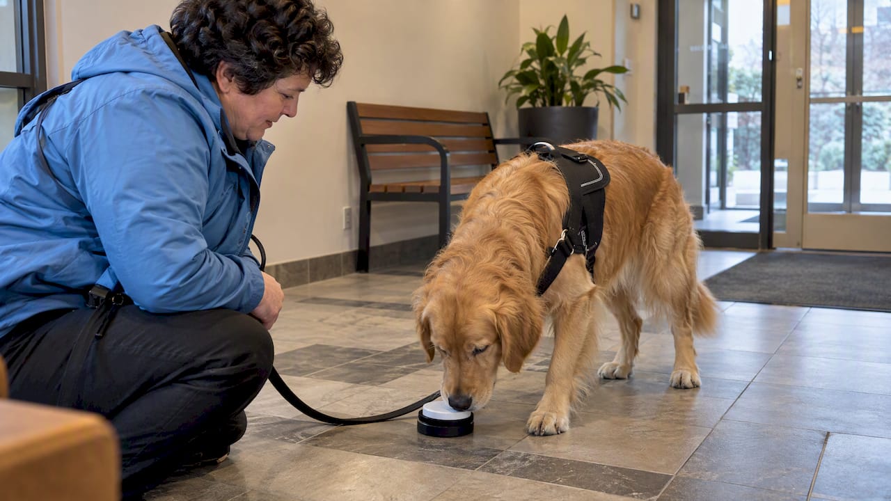Service dog pressing a communication button