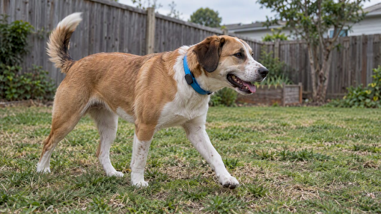 Dog wearing a blue smart collar outdoors