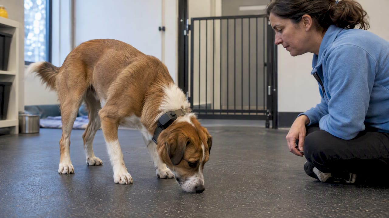Researcher observes dog wearing a sensor collar