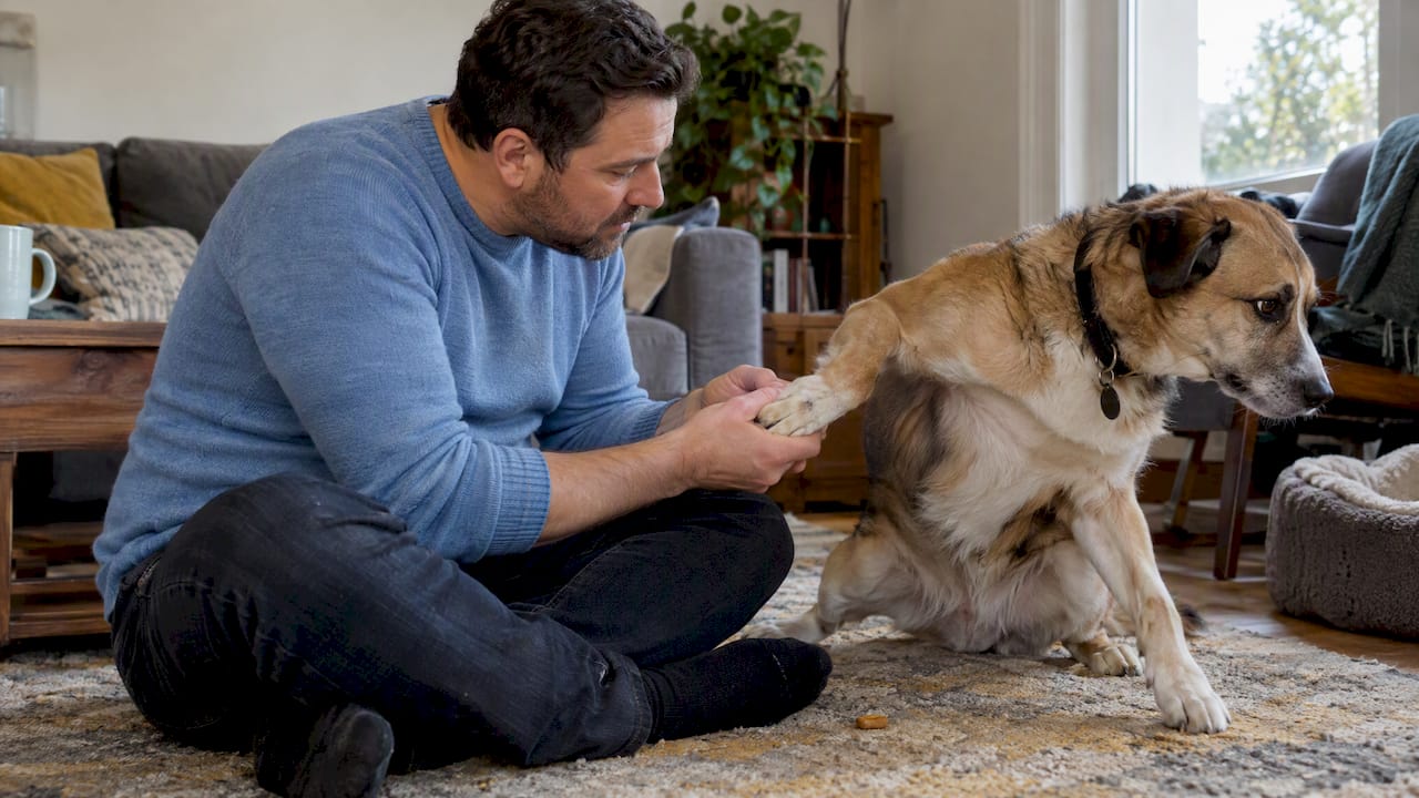 Owner calmly checking a dog’s paw at home