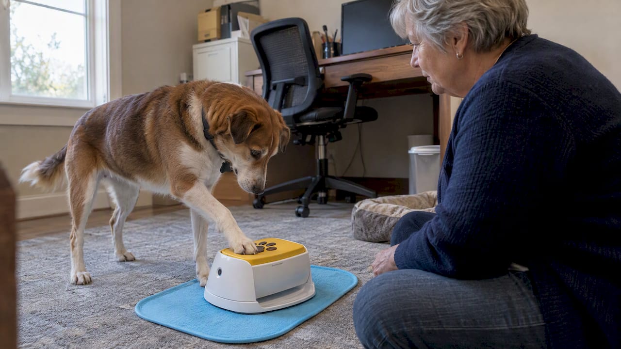 Dog pressing an alert device as owner observes