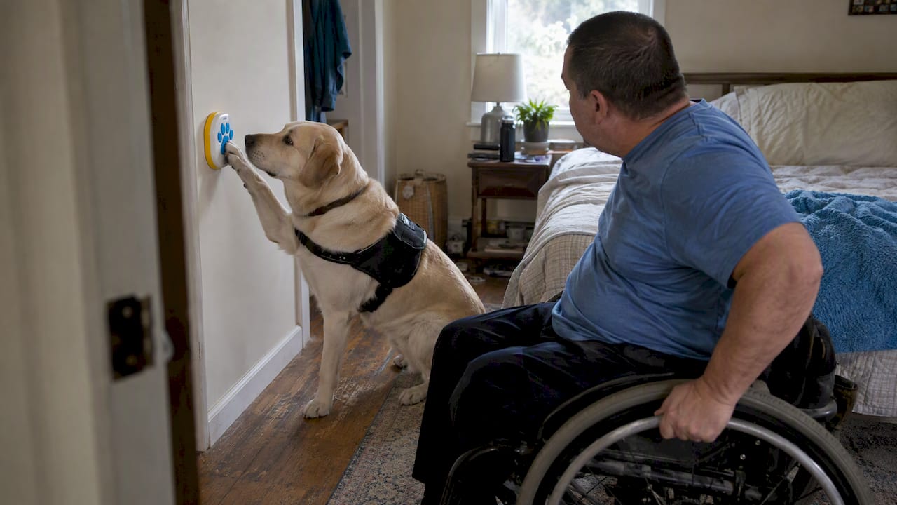 Service dog presses a home alert button