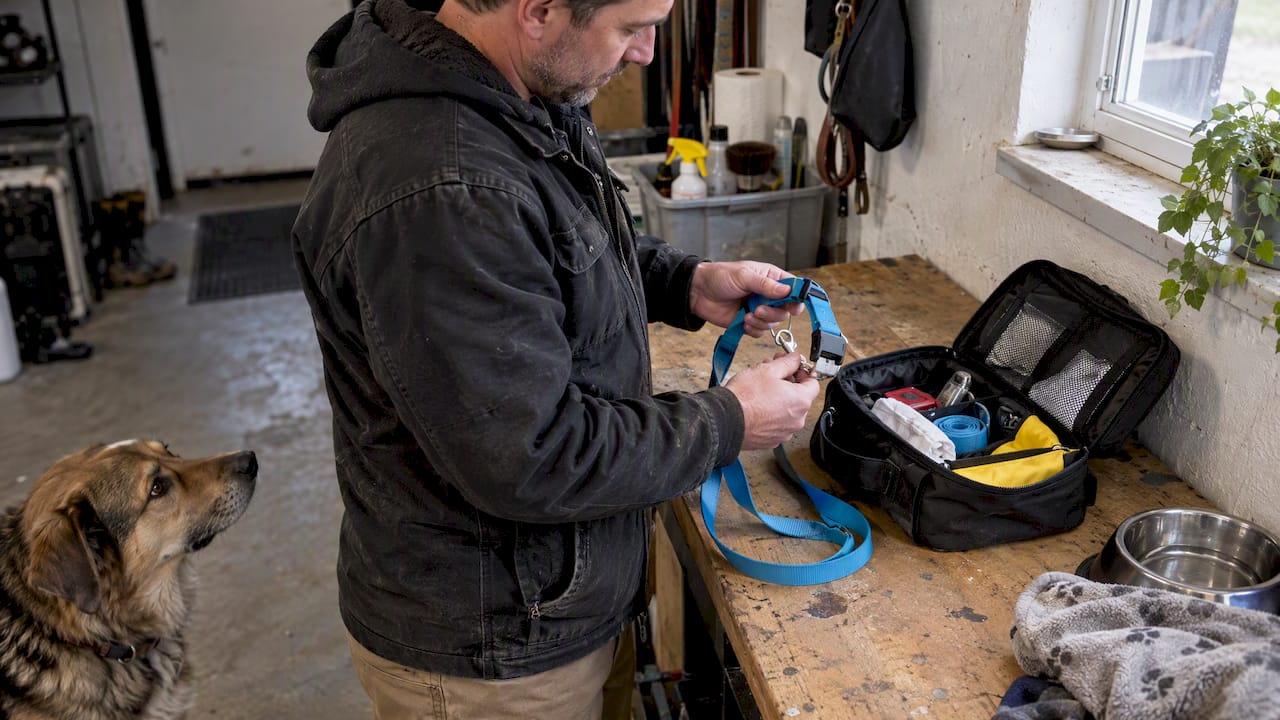Owner checking a dog's emergency kit