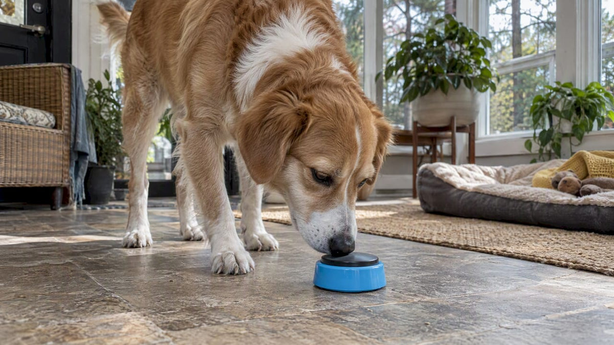 Dog touching a blue communication button
