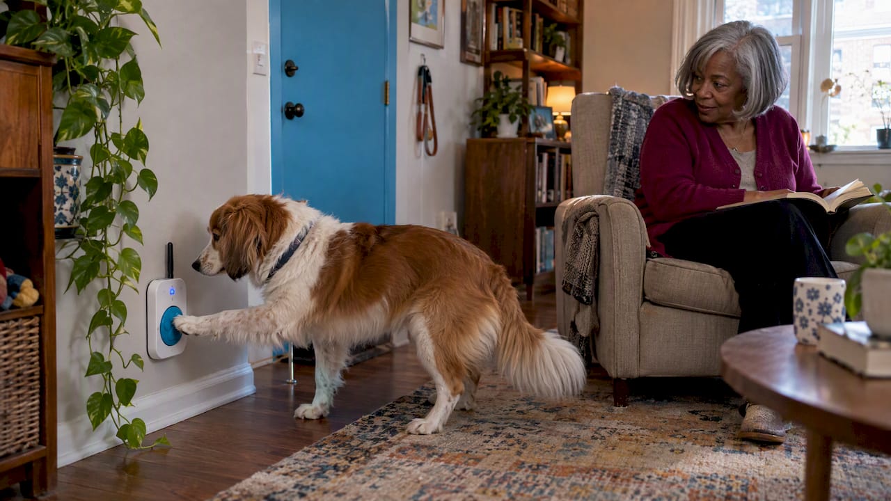 Senior owner responds as dog uses alert button