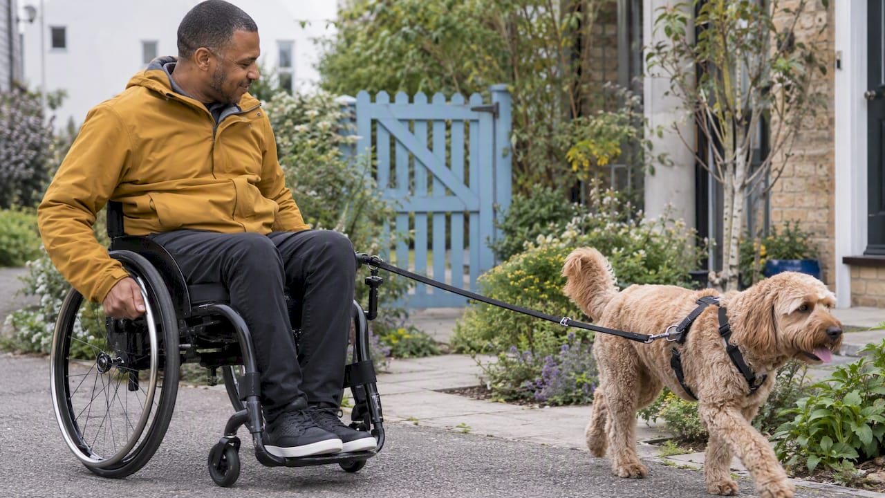Wheelchair user walking beside a dog