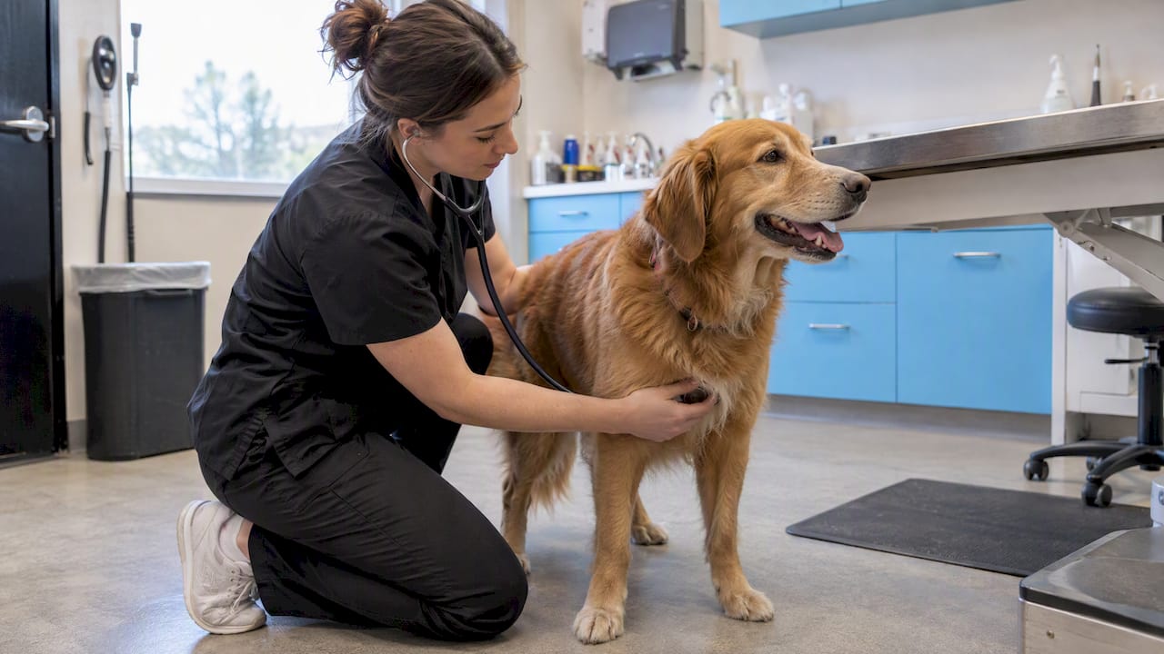 Veterinarian examining a healthy dog