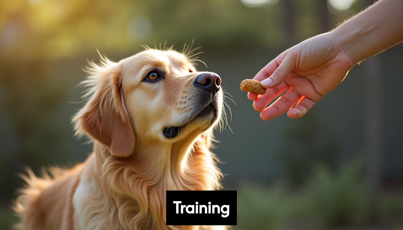 Dog looking at treat during training