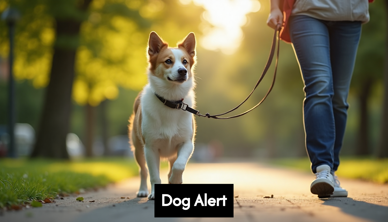 Dog making eye contact on walk with owner