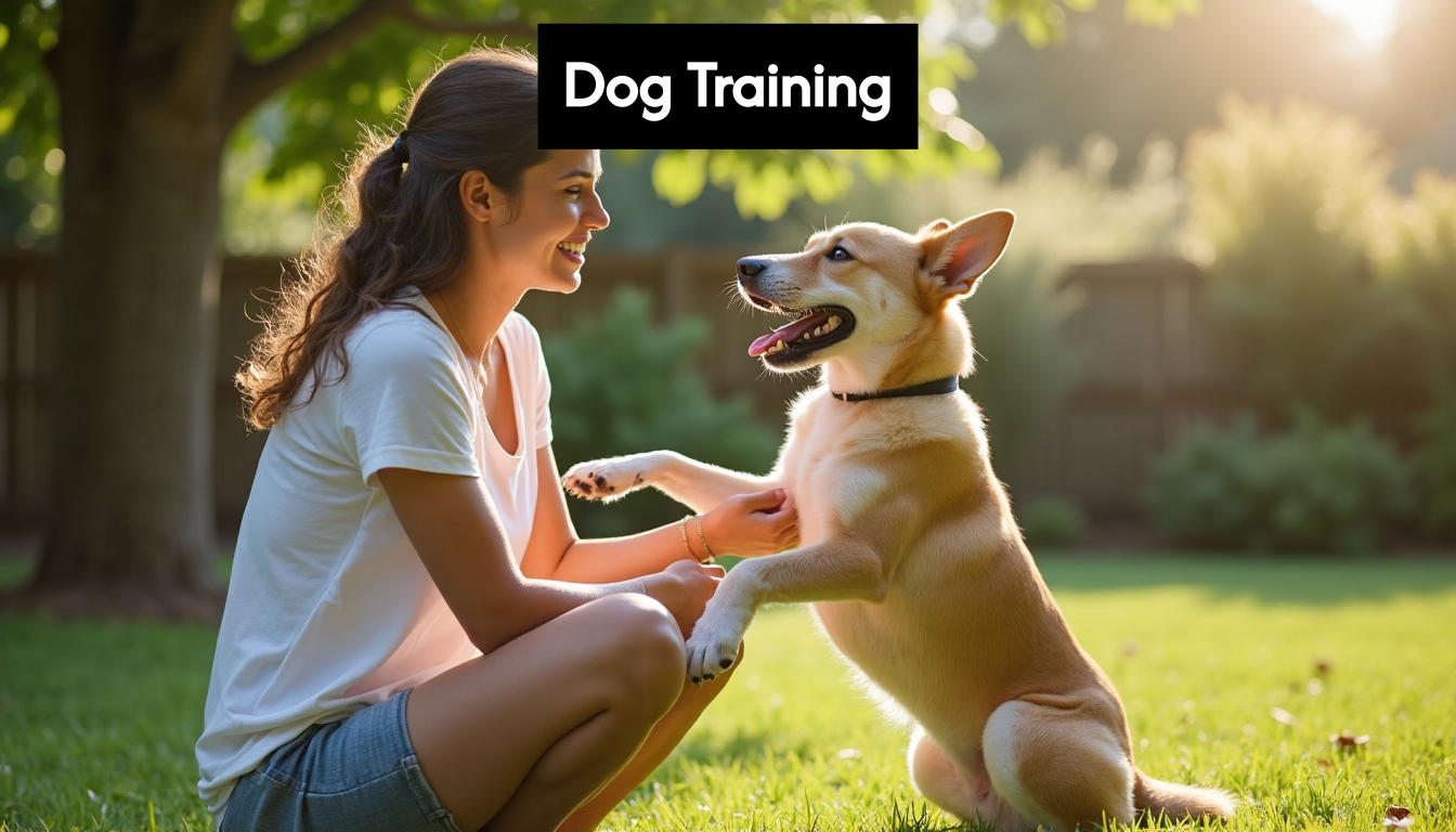 Owner training happy dog outdoors in sunlight