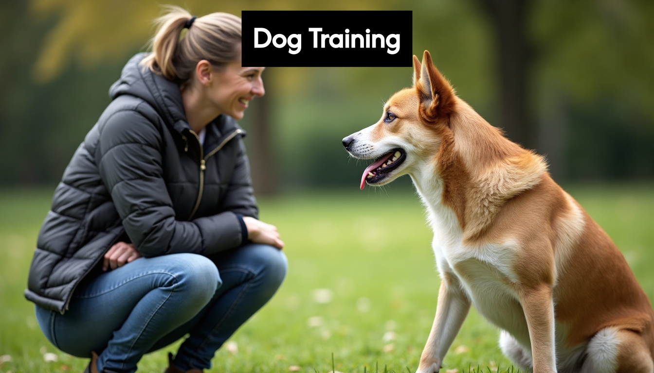 Person smiling at dog during training.