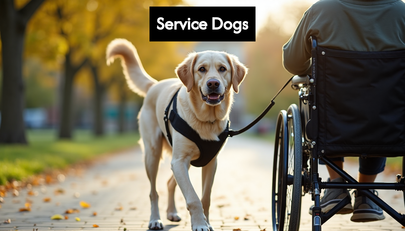 Service dog aiding person in wheelchair outdoors
