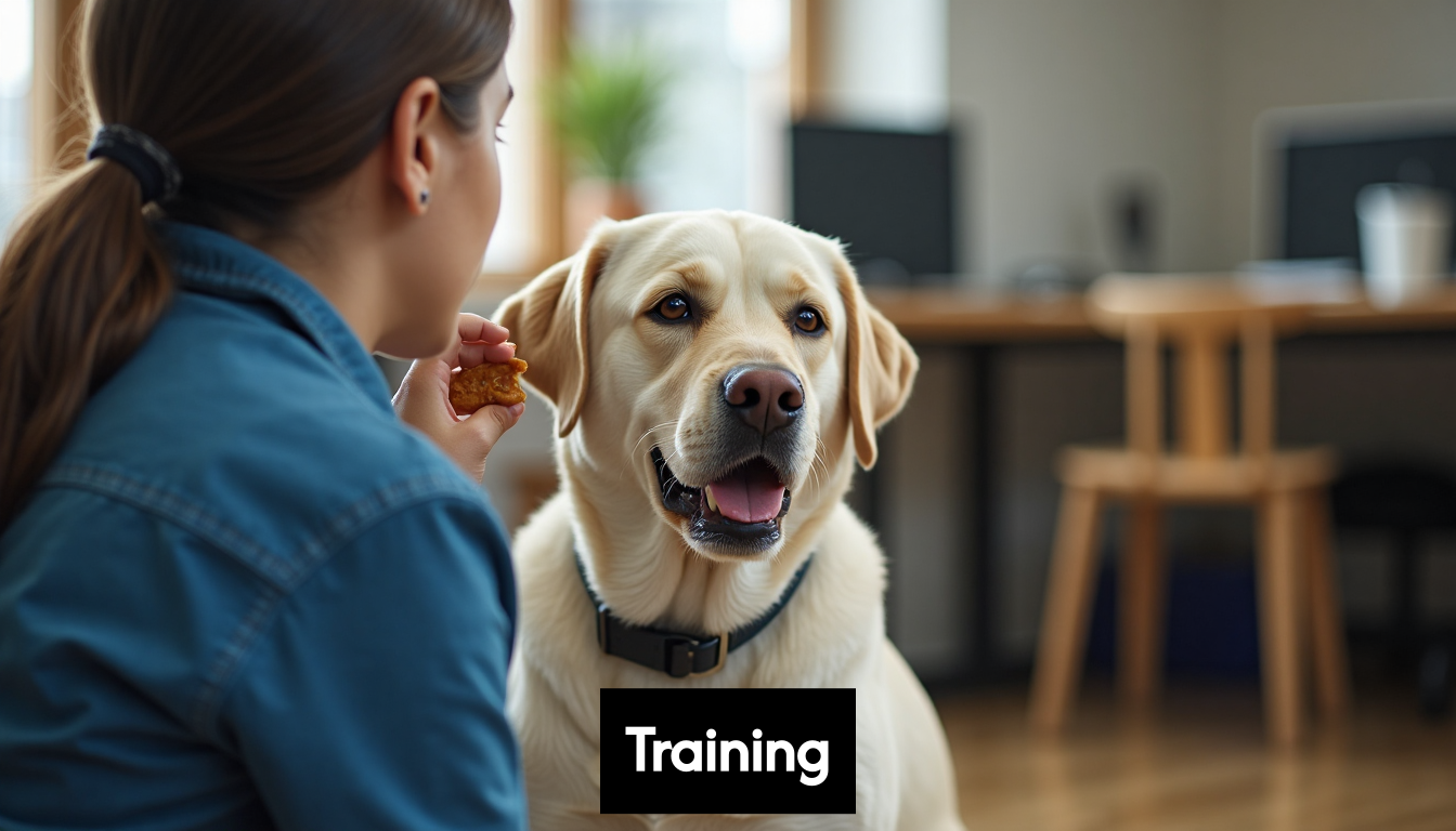 Service dog in training with trainer.