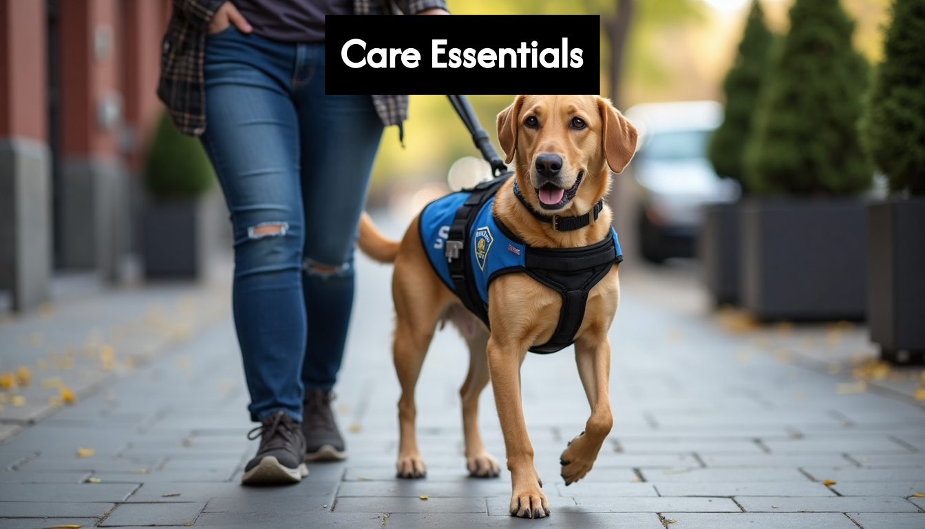 Service dog in vest walking with handler outside