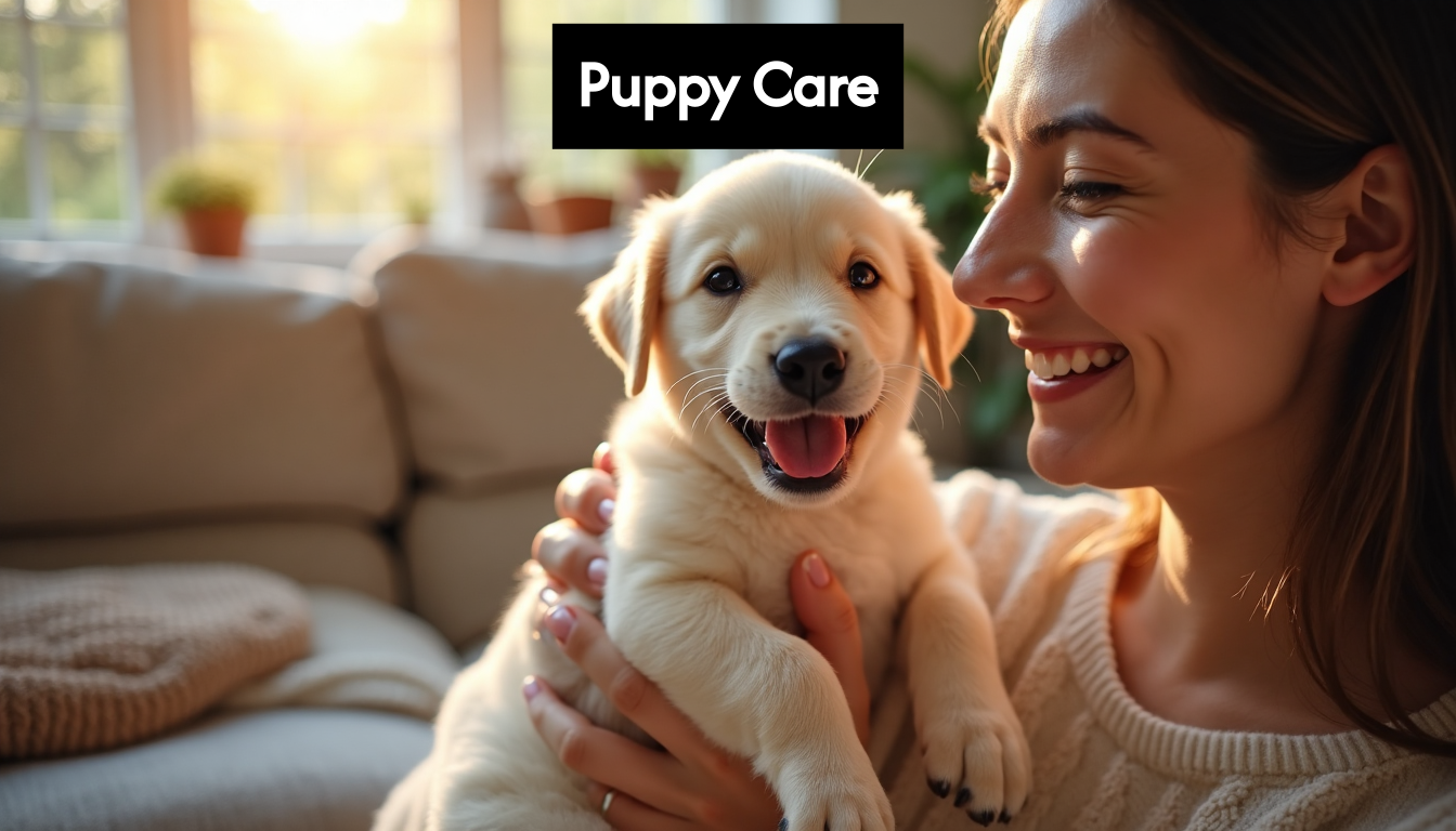 Smiling adult holding happy puppy in cozy home